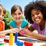 **

*   **Prompt:** Diverse group of happy children engaged in a creative outdoor activity led by a friendly, smiling monitor (young adult). Focus on teamwork, colorful art supplies, sunny weather, and a positive, inclusive atmosphere.

**