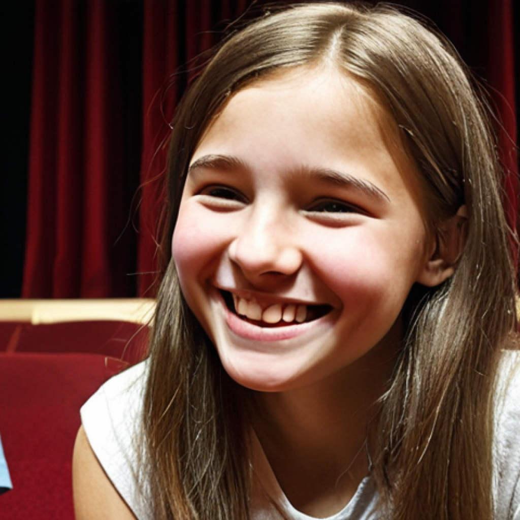 **

"Extracurricular monitor supporting a shy girl named Sofia during a theater improvisation activity. Sofia is smiling radiantly, showcasing newfound confidence. The scene emphasizes a supportive and encouraging environment."

**