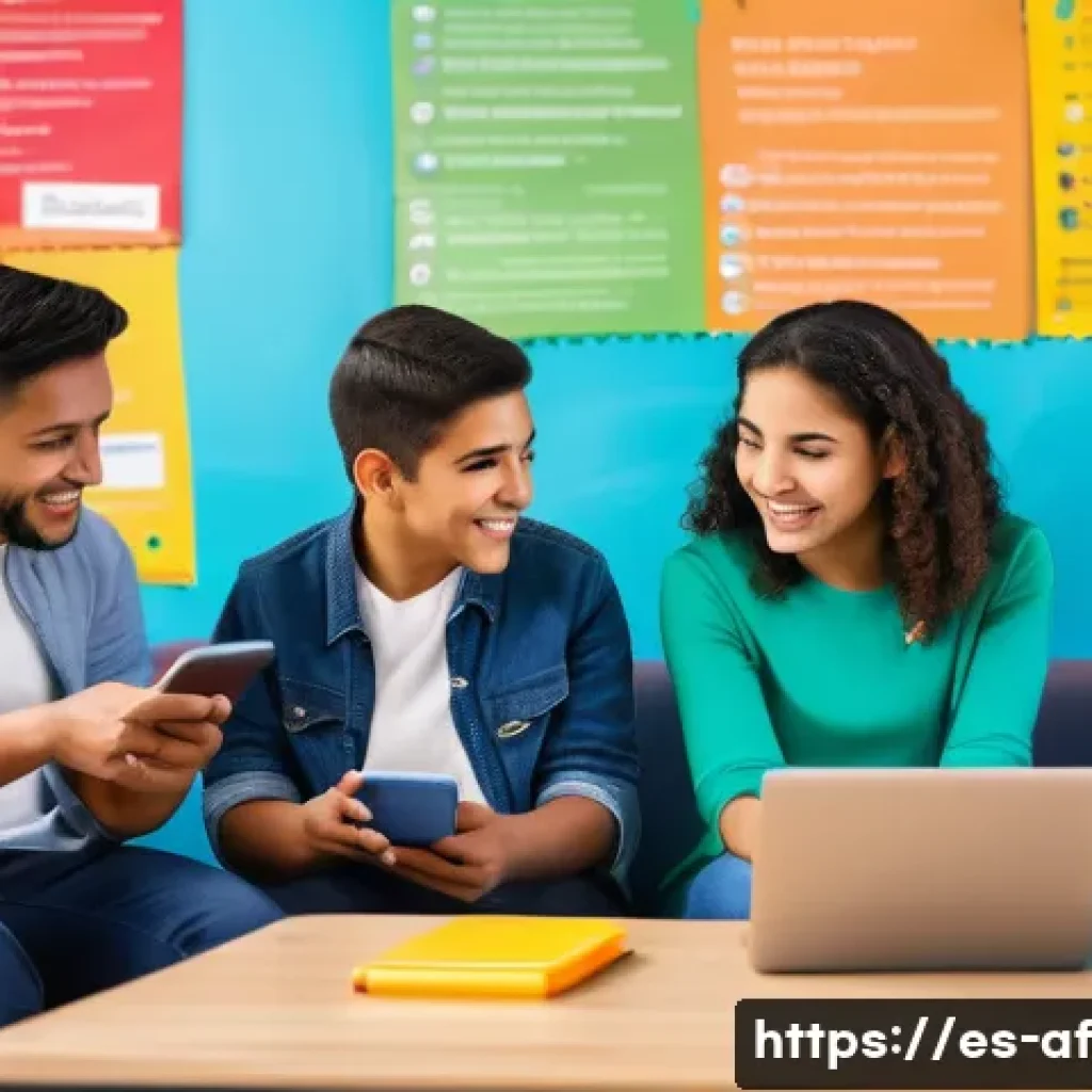 방과후지도사와 소셜미디어 활용법 - A vibrant classroom scene showing a diverse group of Hispanic students and their parents interacting...