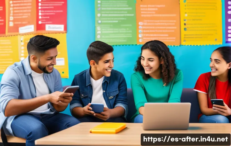 방과후지도사와 소셜미디어 활용법 - A vibrant classroom scene showing a diverse group of Hispanic students and their parents interacting...
