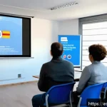 Home 20 방과후지도사 국가공인 자격증과 민간자격증 차이점 - A professional training classroom in Spain with a diverse group of adult students attentively listen...