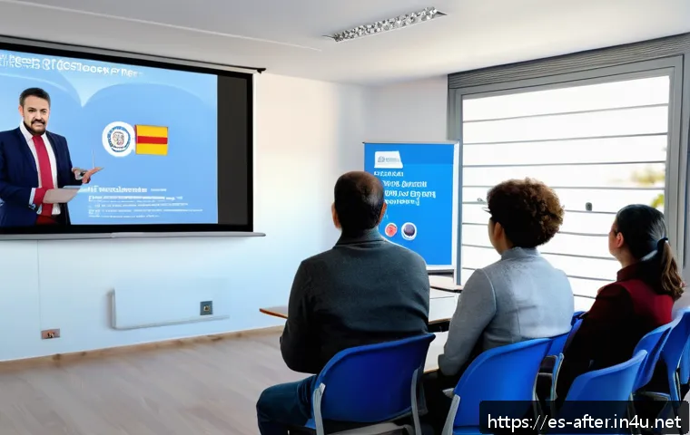 방과후지도사 국가공인 자격증과 민간자격증 차이점 - A professional training classroom in Spain with a diverse group of adult students attentively listen...