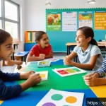Home 19 방과후지도사 자격증과 타 자격증의 조합 - A lively educational workshop scene in a modern Spanish classroom, featuring a diverse group of chil...