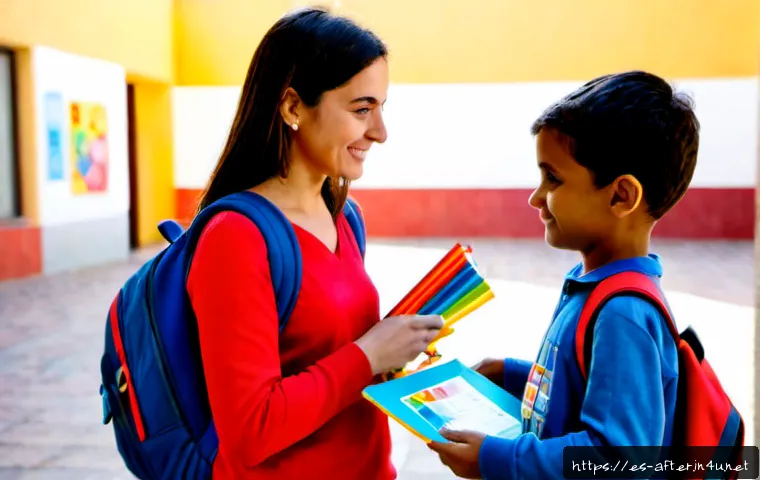 방과후지도사와 학부모 소통 방법 - Photorealistic after-school educator meeting warmly with a Spanish-speaking parent in a bright commu...