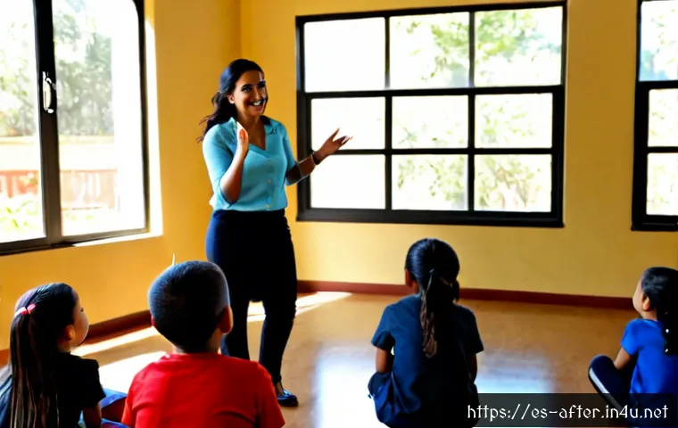 방과후지도사 강의 스킬 업그레이드 - Photorealistic after-school educator workshop in a bright Spanish community learning center, a confi...